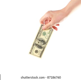 Female Hand Holding Money Dollars Isolated On White