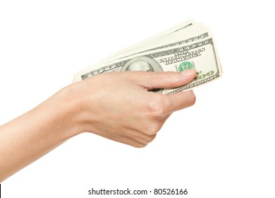 Female Hand Holding Pack Of Money, Isolated On White Background