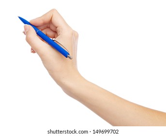 Female Hand Holding A Pen, Isolated On White Background