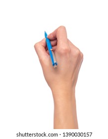 Female Hand Holding A Pen On A White Background.