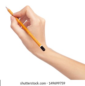 Female Hand Holding A Pencil, Isolated On White Background