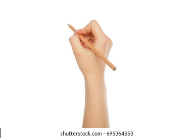 Female hand holding pencil isolated on white background, close-up, cutout, copy space