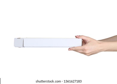 Female Hand Holding Pizza Box On White Background