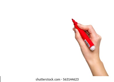 Female hand holding a red marker on white background