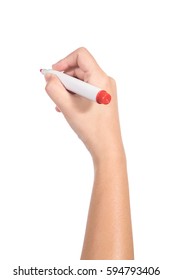 Female hand holding a red marker isolated on white background