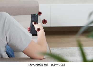 Female Hand Holding Remote Control With Viruses Around