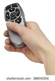 Female Hand Holding A Remote Control In White Back