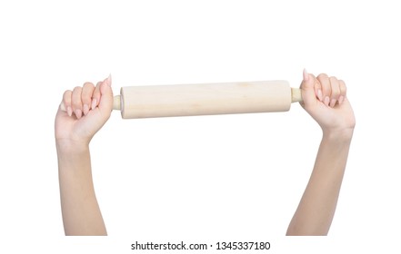 Female Hand Holding Rolling Pin Isolated On White