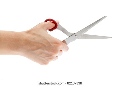 Female Hand Holding Scissors, Isolated On White Background