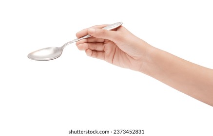 Female Hand Holding A Silver Stainless Spoon Closeup Photo Isolated On White Background
