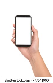 Female Hand Holding Smart Phone Isolated On White Background.