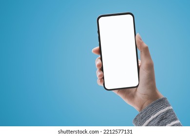 Female Hand Holding A Smartphone With Blank Screen, Technology And Communication Concept, POV Shot