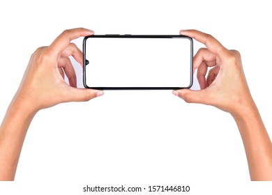 Female Hand Holding Smartphone With Both Hands, Mock Up White Background, Holding Bezel Less Smartphone With Both Hands Over White Background 