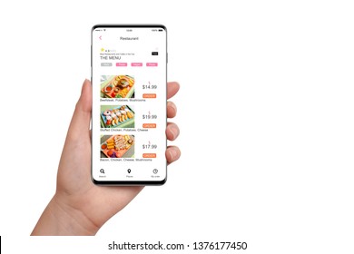 Female hand holding smartphone with food delivery app, isolated on white background