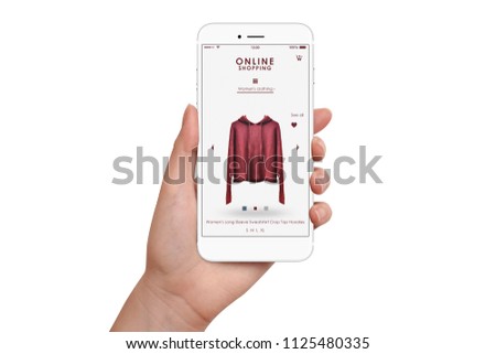 Female hand holding smartphone and shopping online, isolated on white background. Online shopping concept