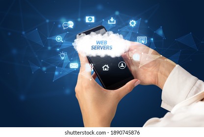Female hand holding smartphone with WEB SERVERS inscription, cloud technology concept