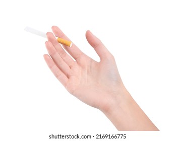 Female Hand Holding A Smoking Cigarette On A White Background. Harm From Smoking Cigarettes. 