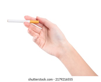female hand holding a smoking cigarette on a white background. harm from smoking cigarettes. 