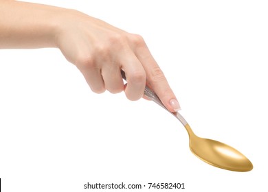 Female Hand Holding A Spoon On A White Background Isolation