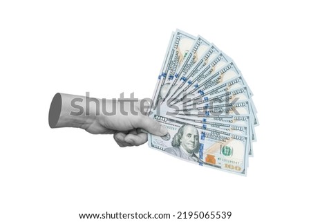 Female hand holding a stack of hundred-dollar cash bills isolated on a white background. Shopping, payment for purchases, banking operations. Money concept. Trendy 3d contemporary art. Modern design