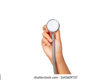 Female hand holding stethoscope isolated on white background, healthcare concept.