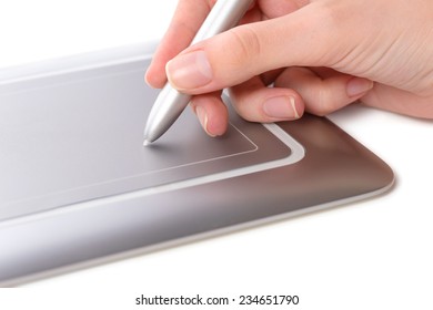 Female Hand, Holding Stylus, Making Use Of Pen Tablet, Close-up Shot, Isolated On White Background