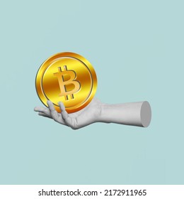 The Female Hand Holding Symbol Digital Money Bitcoin Coin Isolated On A Blue Background. Crypto Currency. 3d Trendy Collage In Magazine Style. Contemporary Art. Modern Design 