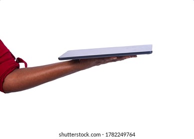 A Female Hand Holding A Tablet On A White Background.