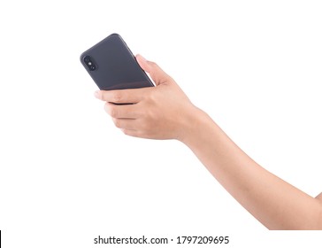 Female Hand Holding And Touching On Mobile Smartphone Show Back Side.