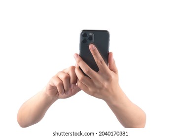Female hand holding and touching on mobile smartphone show back side. - Shutterstock ID 2040170381