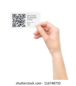 Female Hand Holding Transparent Business Card With QR Code Information. Isolated On White.