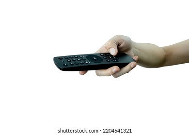 Female Hand Holding Tv Remote Control On White Background, Technology And Communication Concept.