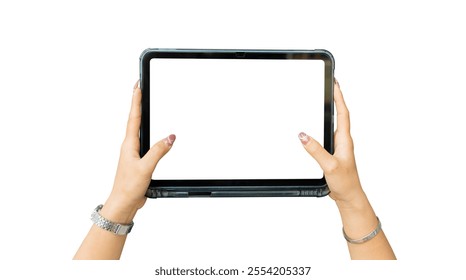 Female Hand holding using tablet pc with empty white screen isolated on white background, clipping path - Powered by Shutterstock