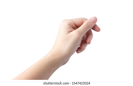 Female hand holding a virtual card with your fingers on a white background isolated