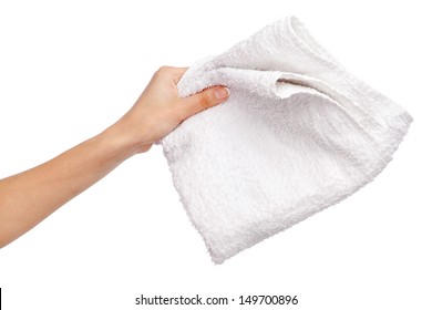 Female Hand Holding A White Towel, Isolated On White Background