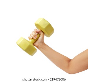 Female Hand Holding Yellow Plastic Coated Dumbell Isolated On White Background. 