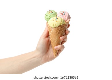 Female Hand Holds Ice Cream, Isolated On White Background