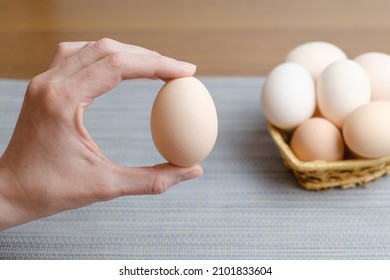 Female hand holds a large chicken egg, demonstrating its size and quality against the background of eggs lying in a basket. Farm chicken eggs produced in our own chicken coop. Diet fresh product.
