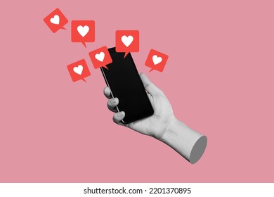 Female hand holds mobile phone with black blank screen with like symbols from social networks isolated on pink color background. 3d trendy collage in magazine style. Contemporary art. Modern design