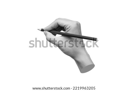A female hand holds a pencil isolated on a white background. Mockup with empty copy space for text and design. trendy collage in magazine style. Modern contemporary art