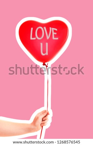 Female hand holds red rubber inflatable heart shape balloon. Love, relationship, valentines day and birthday celebration concept. Magazine style fashion collage with blank copy space