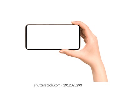 female hand holds a smart phone. front view on isolated white background