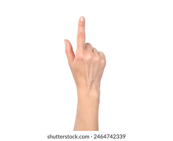 Female hand isolated on a white background. A woman's hand points to something with her index finger. Top view.