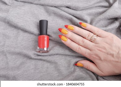 Female hand and long nails   yellow  orange   red gradient manicure holds bottle nail polish	