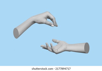 Female hand makes a gesture like handing the hanging object to outstretched hand isolated on a blue background. Handover. 3d trendy collage in magazine style. Contemporary art. Modern design - Shutterstock ID 2177894717