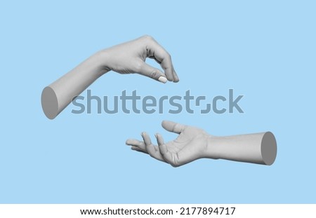 Female hand makes a gesture like handing the hanging object to outstretched hand isolated on a blue background. Handover. 3d trendy collage in magazine style. Contemporary art. Modern design