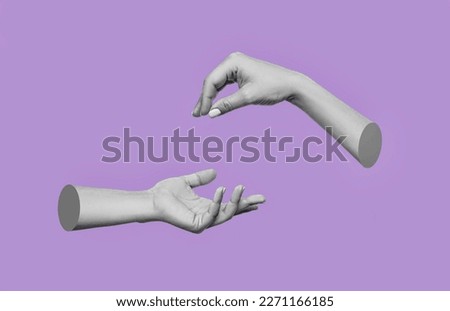 Female hand making a gesture like handing the object to outstretched hand isolated on a color purple background. Handover. 3d trendy collage in magazine style. Contemporary art. Modern design