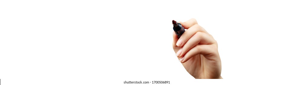 female hand with marker write on an isolated white background. Writing hand. Hand holding black Pen. Wide image.