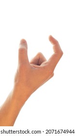 Female Hand Measuring Invisible Items, Woman's Palm Making Gesture While Showing Small Amount Of Something On White Isolated Background, Mockup.
