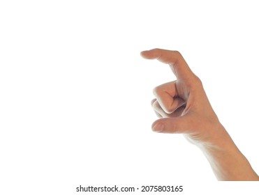 Female Hand Measuring Invisible Items, Woman's Palm Making Gesture While Showing Small Amount Of Something On White Isolated Background, Mockup.
